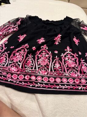 Black Sheer Blouse with Pink Embroidered Border IN
